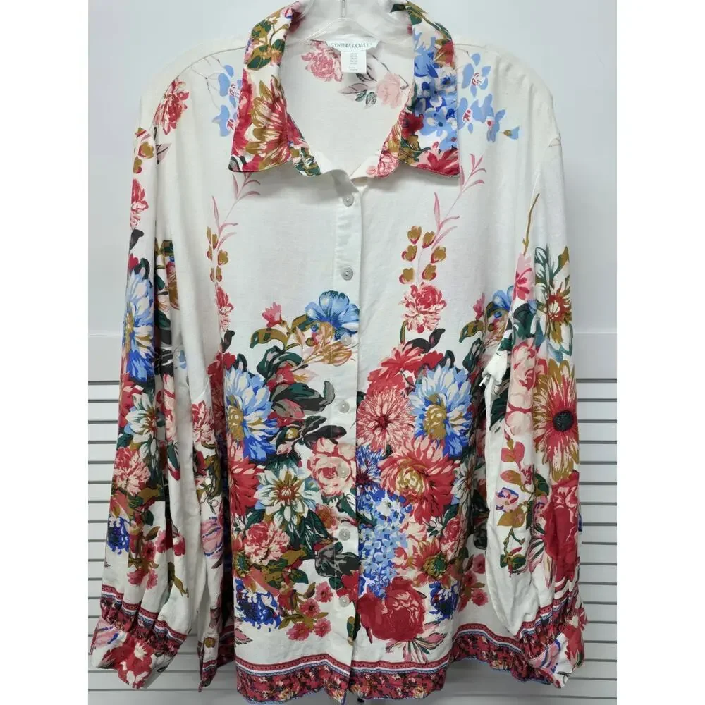 Cynthia Rowley Floral Print Shirt Blouse Women Sz 1X Long Sleeve top Linen Blend